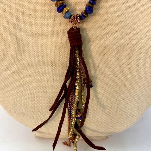 Brown suede fringe mixed faux stones copper color chain extender brand new - Picture 2 of 5